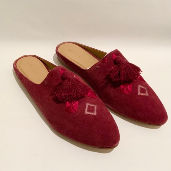Soludos Palazzo Wine Red Suede Leather Tassel Mule Loafer Pointed Toe Flat Shoes - Picture 8 of 10